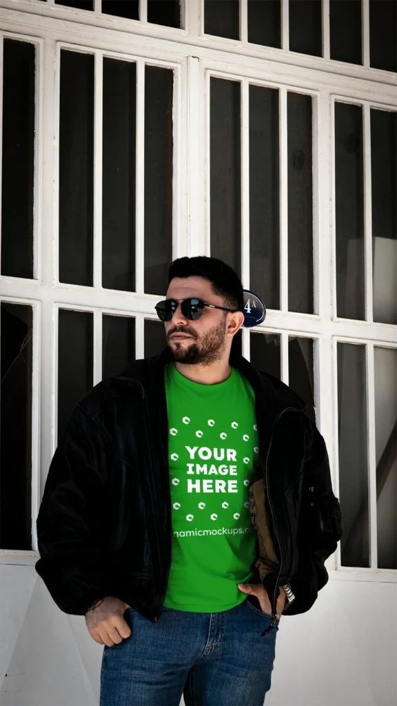 Man Wearing Green T-shirt Mockup Front View Template