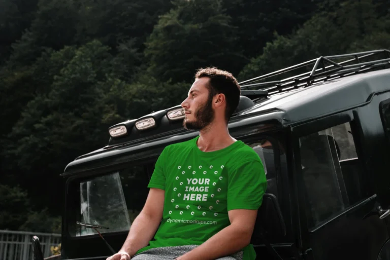 Man Wearing Green T-shirt Mockup Front View Template