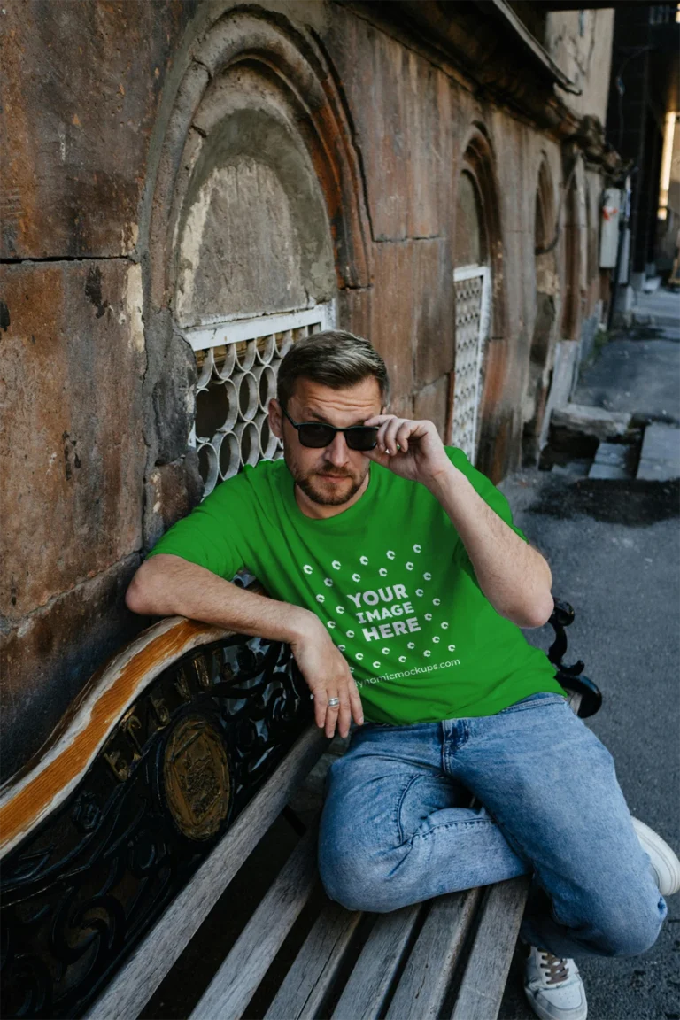 Man Wearing Green T-shirt Mockup Front View Template