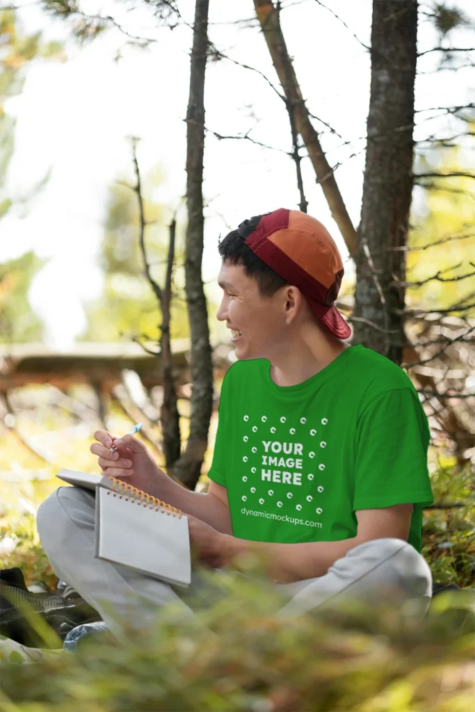 Man Wearing Green T-shirt Mockup Front View Template