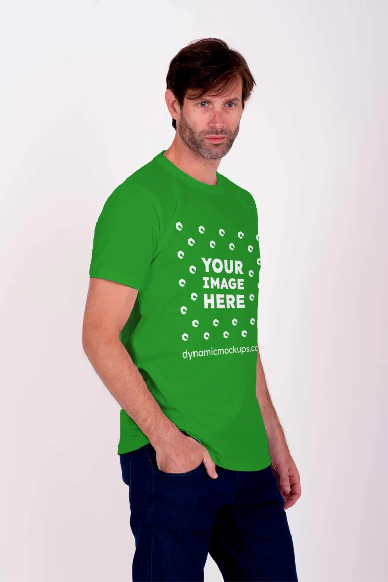 Man Wearing Green T-shirt Mockup Side View Template