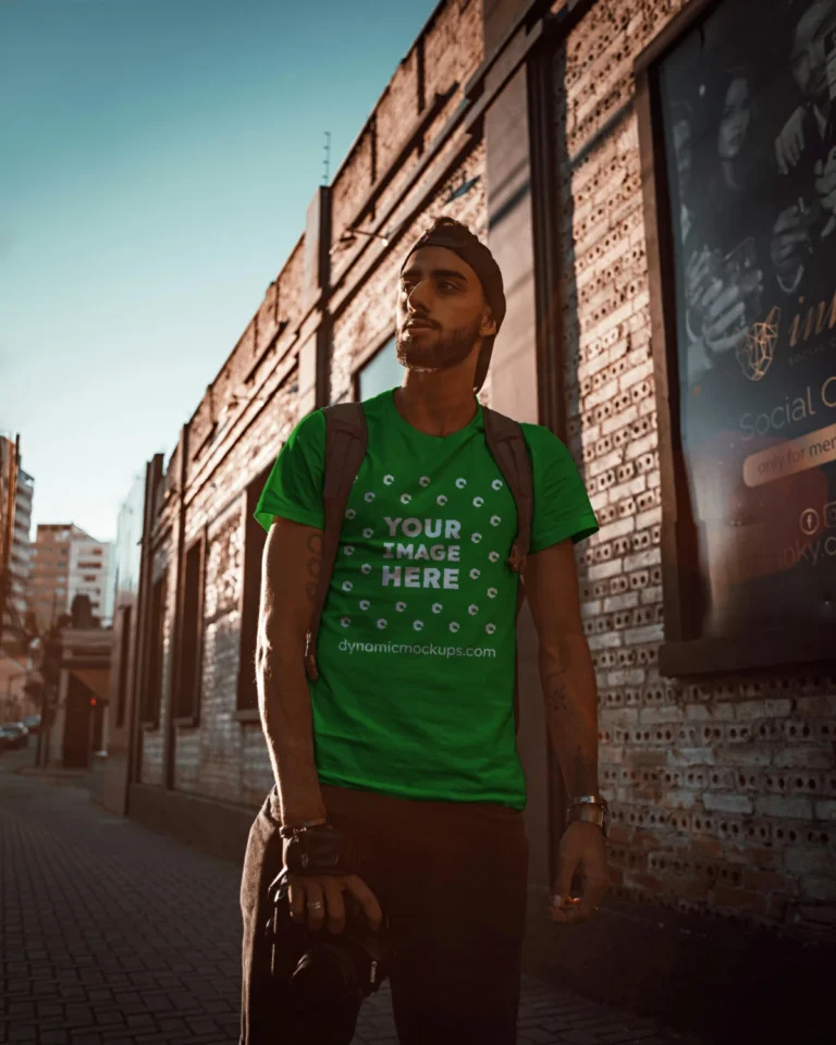 Man Wearing Green T-shirt Mockup Front View Template