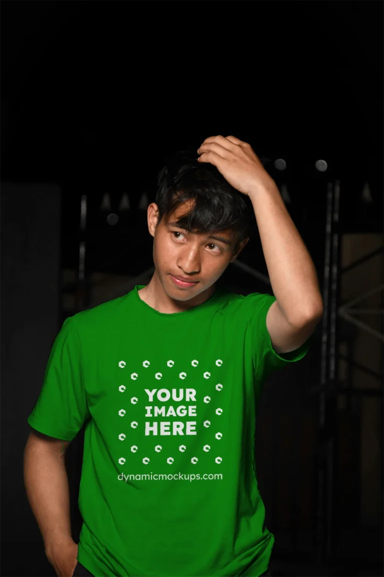 Man Wearing Green T-shirt Mockup Front View Template