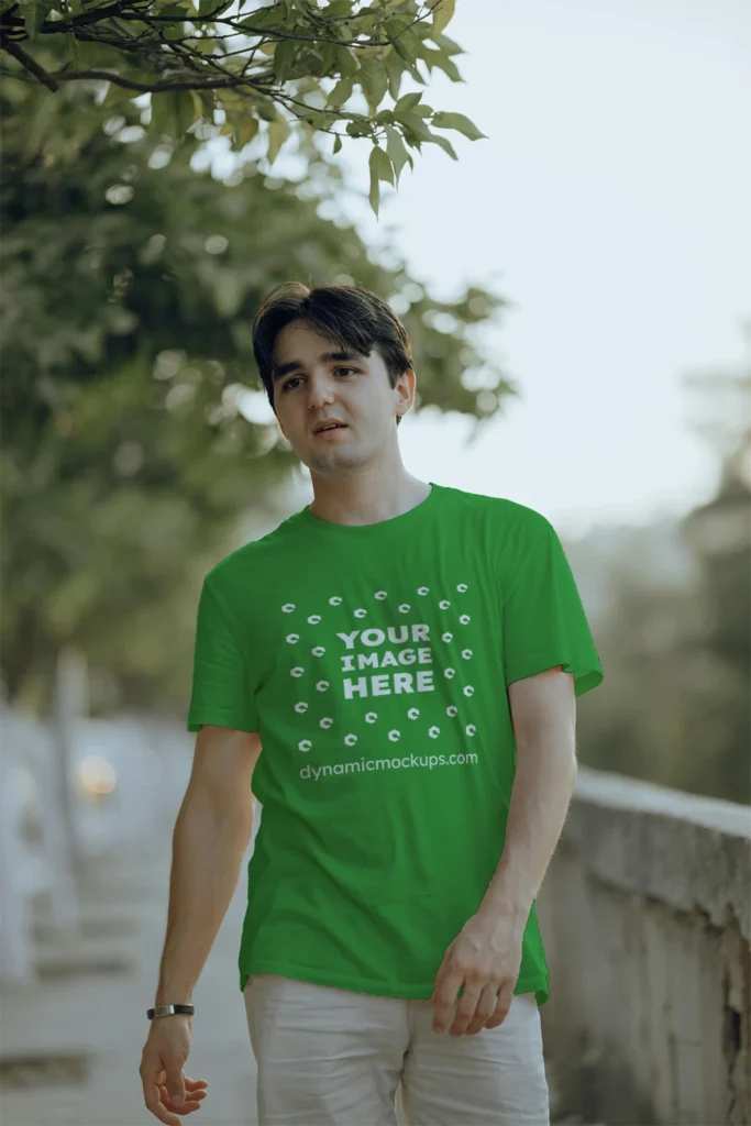 Man Wearing Green T-shirt Mockup Front View Template