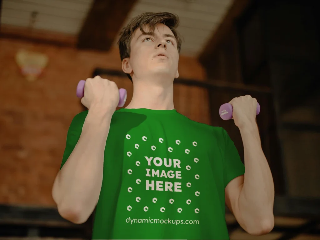 Man Wearing Green T-shirt Mockup Front View Template