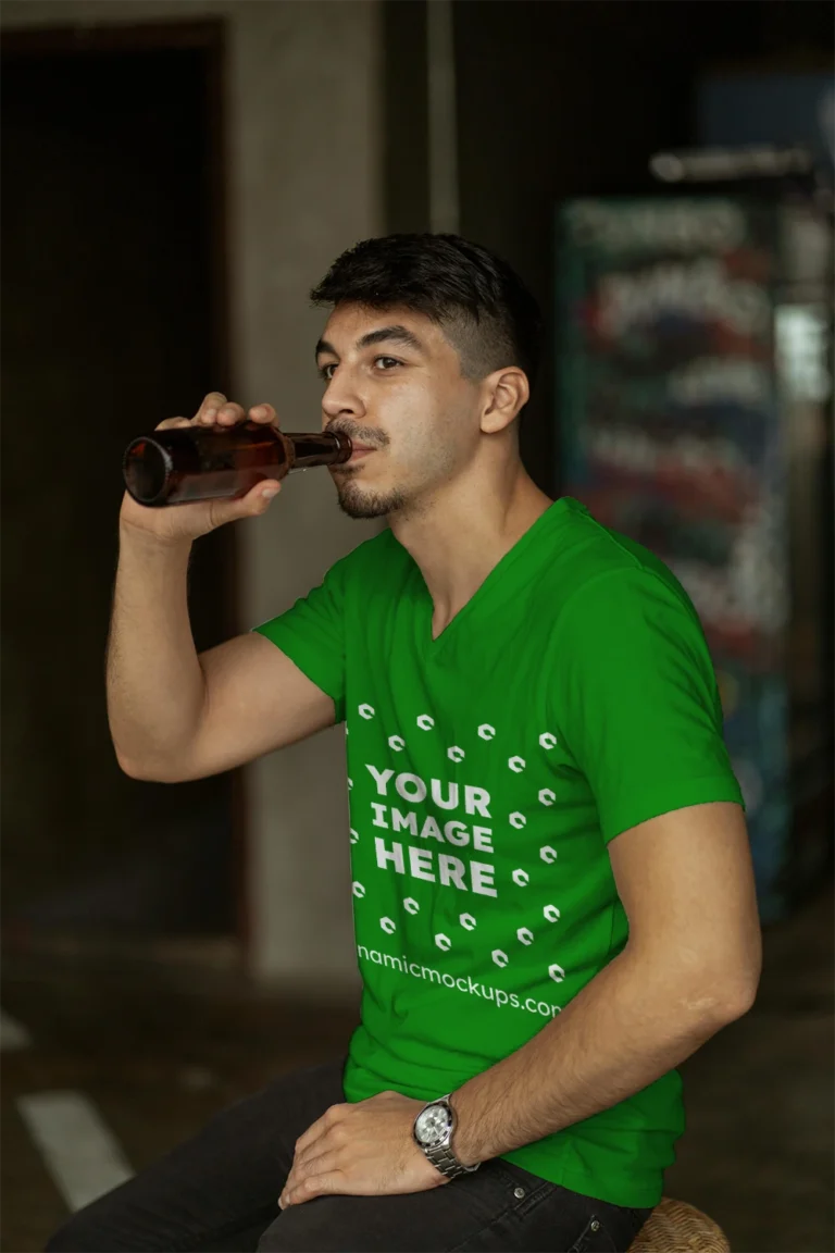 Man Wearing Green T-shirt Mockup Side View Template