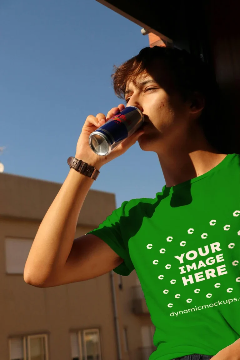 Man Wearing Green T-shirt Mockup Front View Template