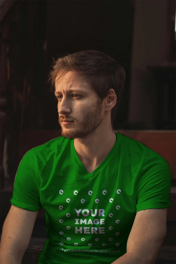 Man Wearing Green T-shirt Mockup Front View Template