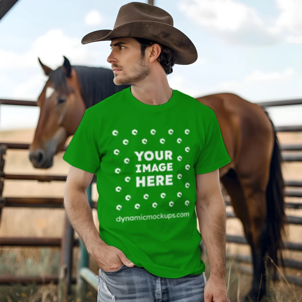 Man Wearing Green T-shirt Mockup Front View Template