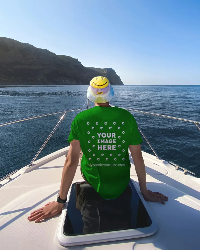 Man Wearing Green T-shirt Mockup Back View Template