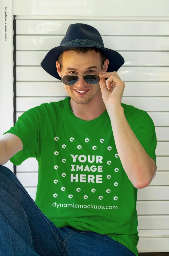 Man Wearing Green T-shirt Mockup Front View Template