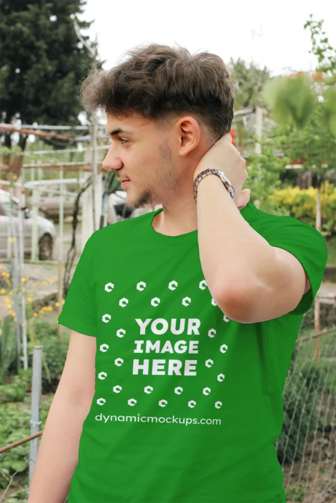 Man Wearing Green T-shirt Mockup Front View Template