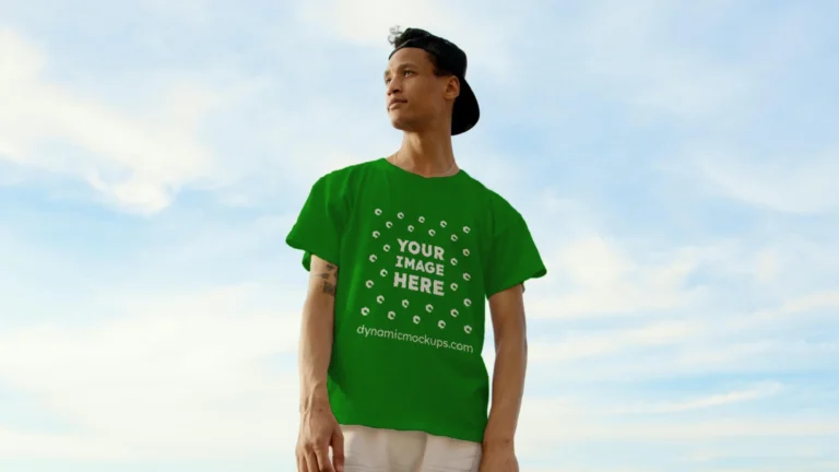 Man Wearing Green T-shirt Mockup Front View Template