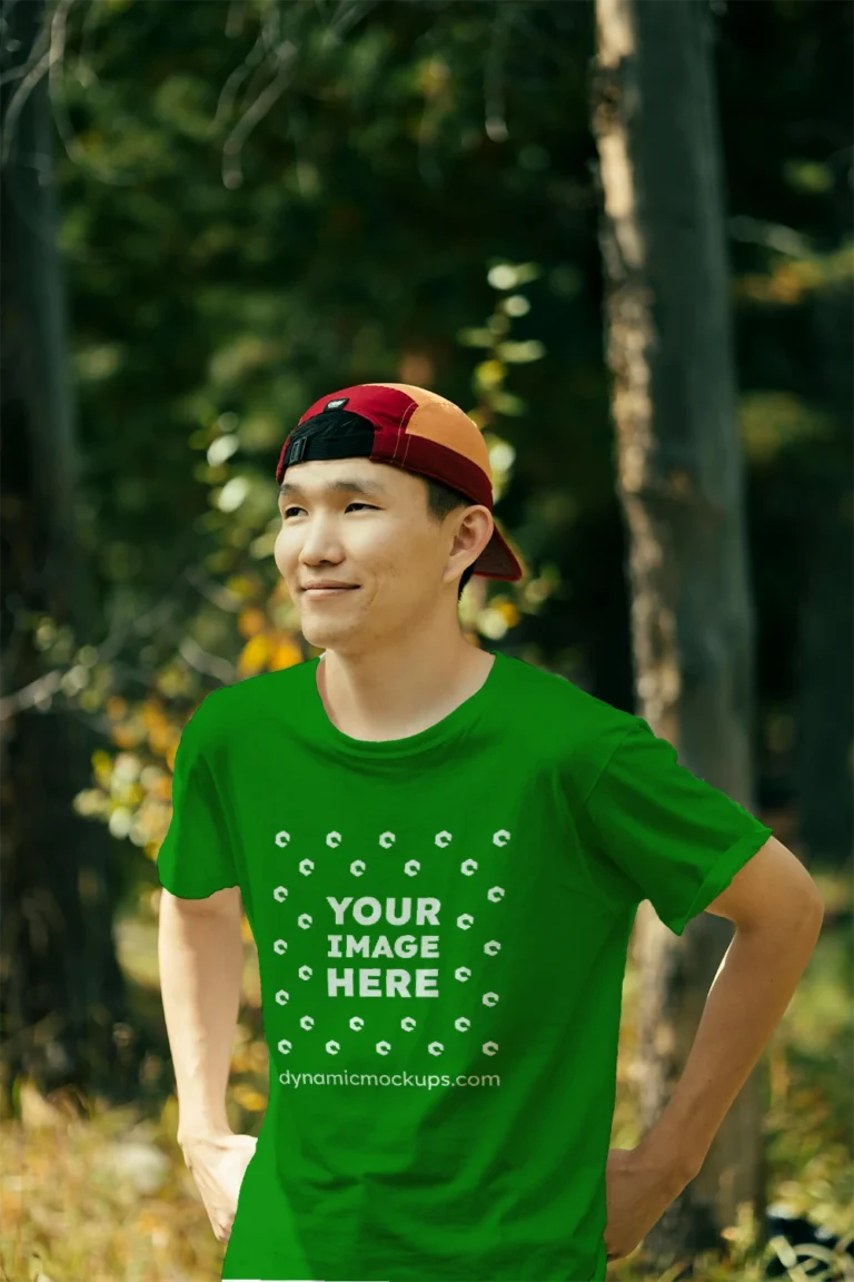 Man Wearing Green T-shirt Mockup Front View Template