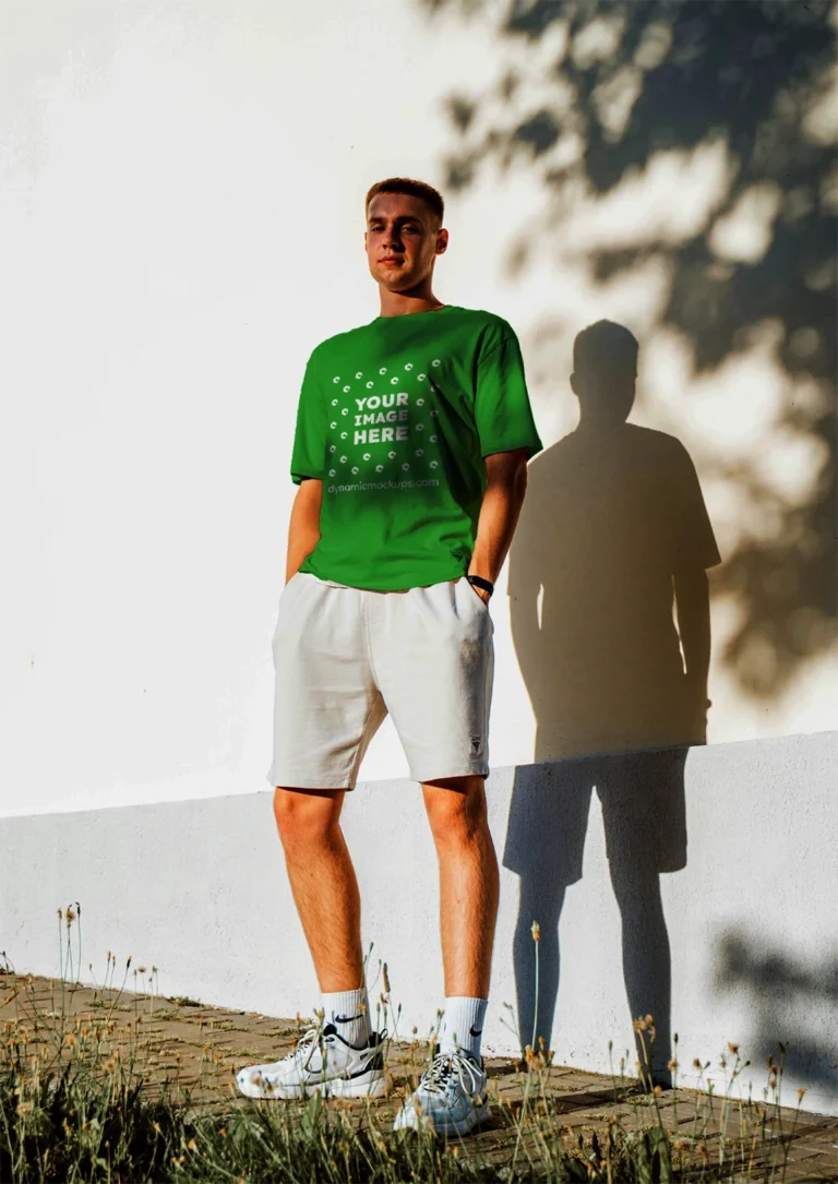 Man Wearing Green T-shirt Mockup Front View Template