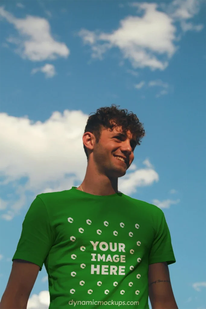 Man Wearing Green T-shirt Mockup Front View Template