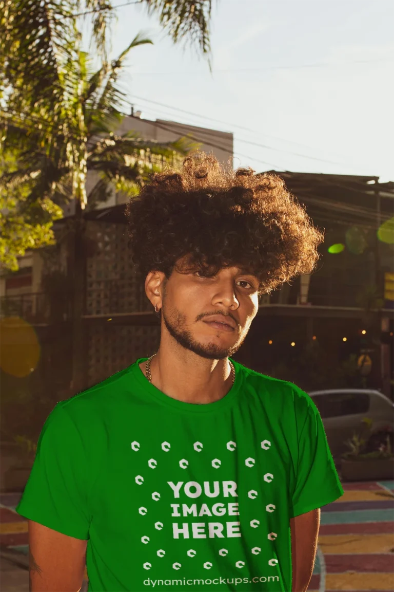 Man Wearing Green T-shirt Mockup Front View Template