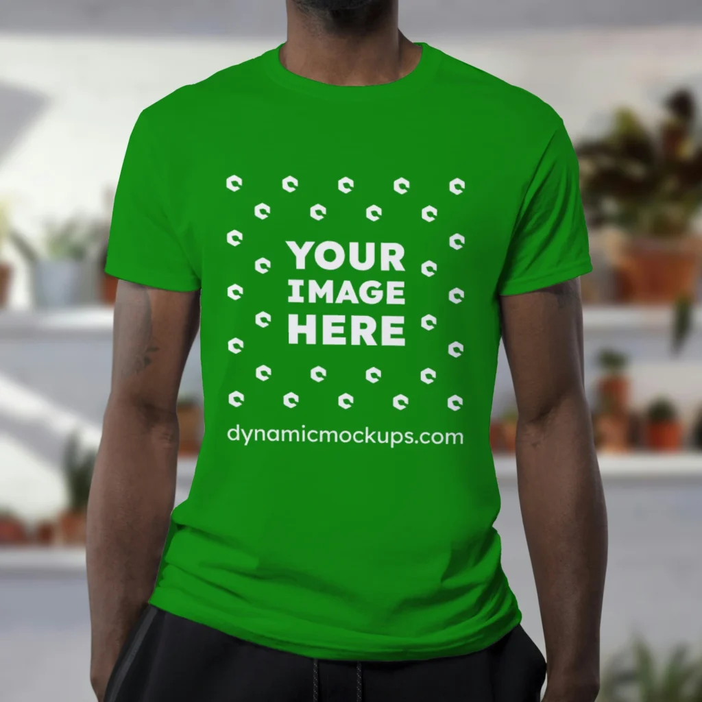 Man Wearing Green T-shirt Mockup Front View Template