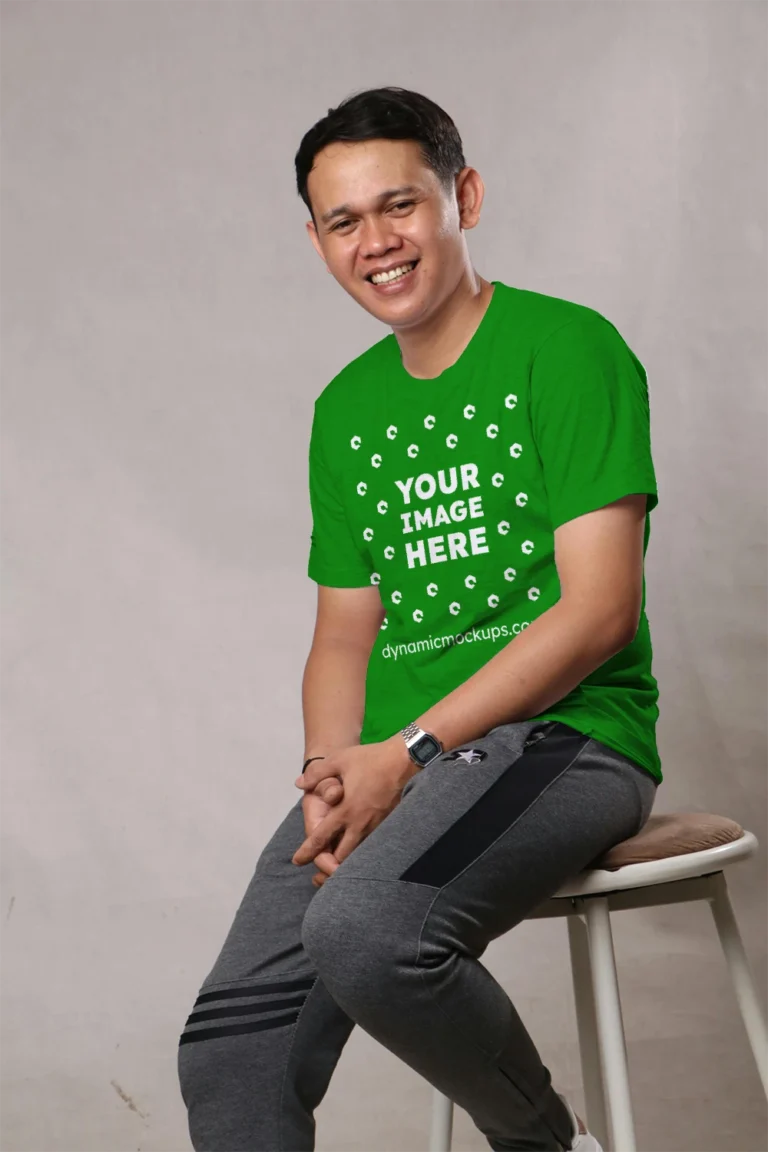 Man Wearing Green T-shirt Mockup Front View Template