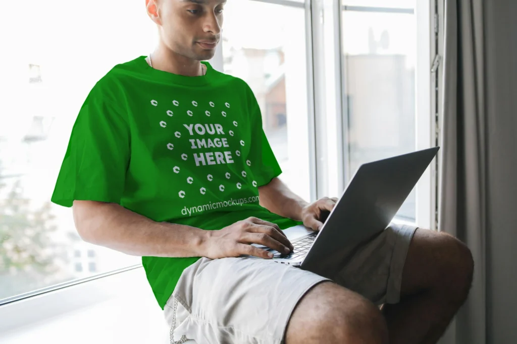 Man Wearing Green T-shirt Mockup Front View Template