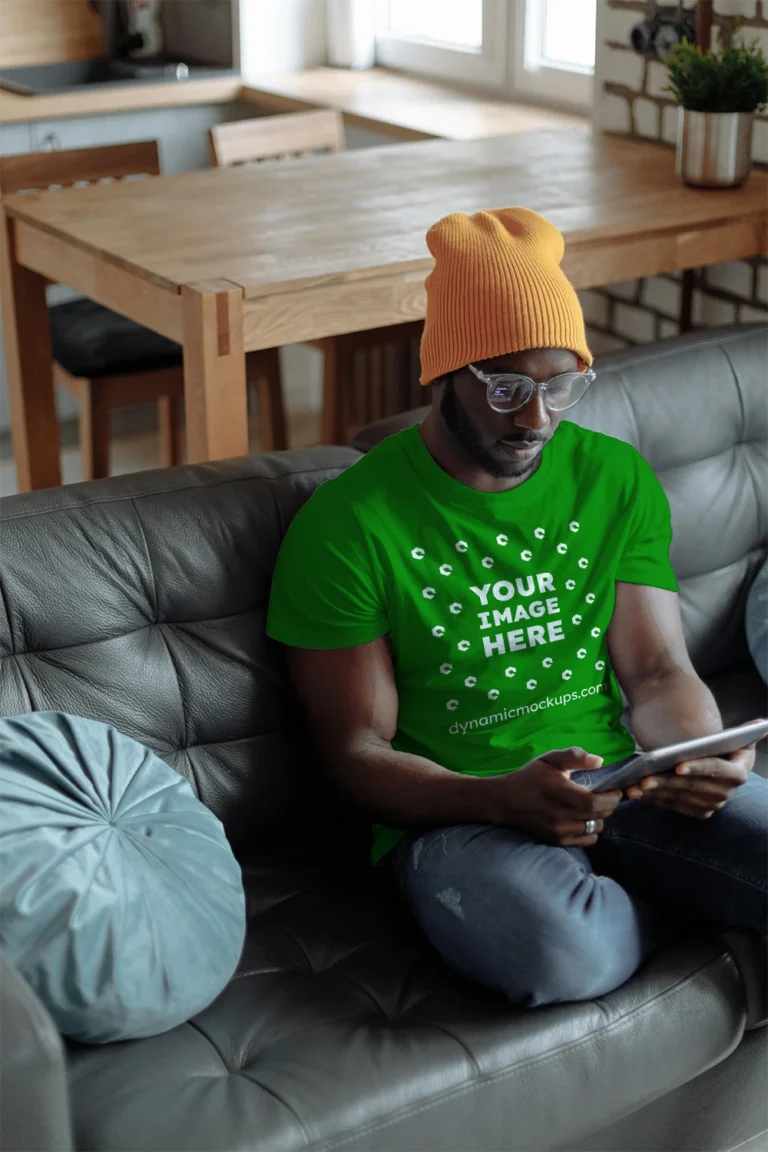 Man Wearing Green T-shirt Mockup Front View Template