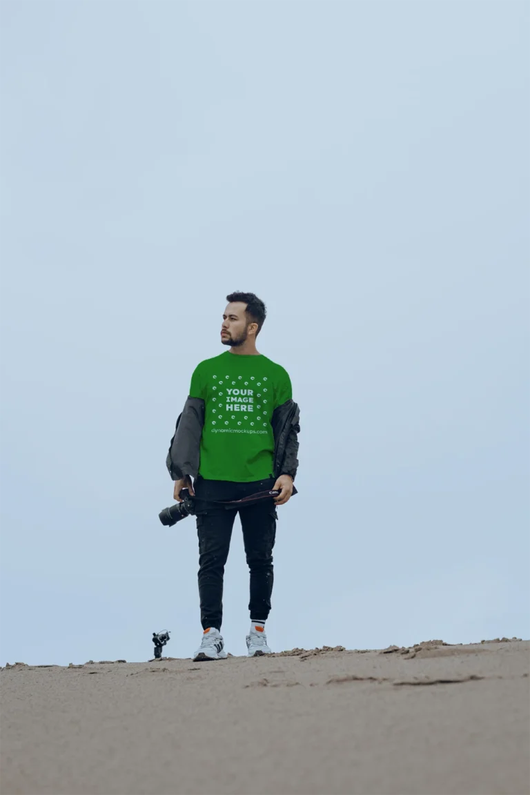 Man Wearing Green T-shirt Mockup Front View Template