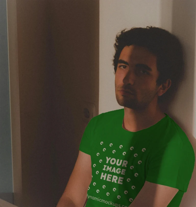 Man Wearing Green T-shirt Mockup Front View Template