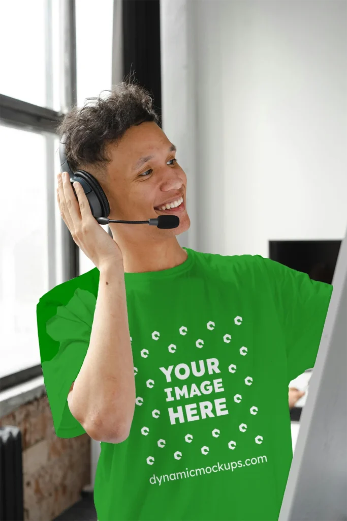 Man Wearing Green T-shirt Mockup Front View Template