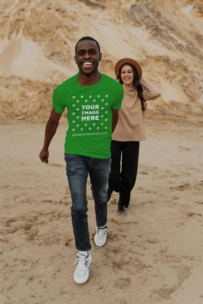 Man Wearing Green T-shirt Mockup Front View Template