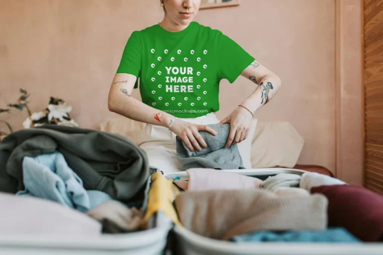 Man Wearing Green T-shirt Mockup Front View Template