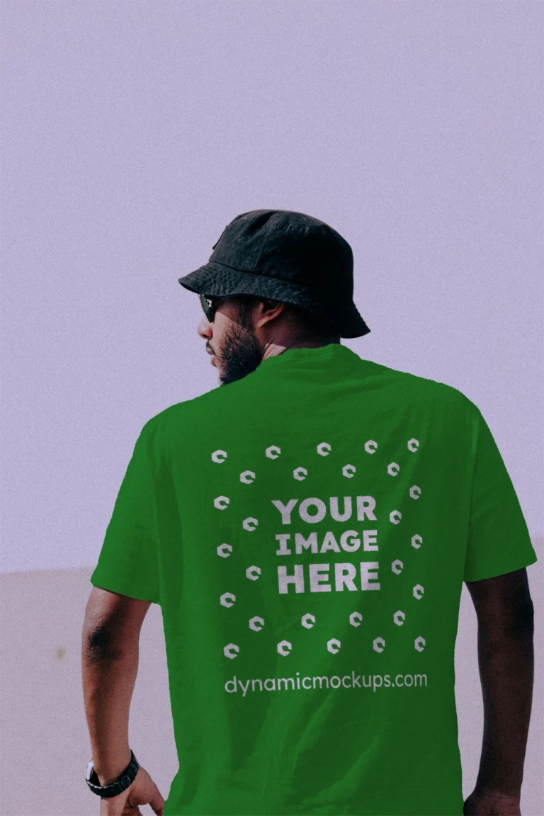 Man Wearing Green T-shirt Mockup Back View Template