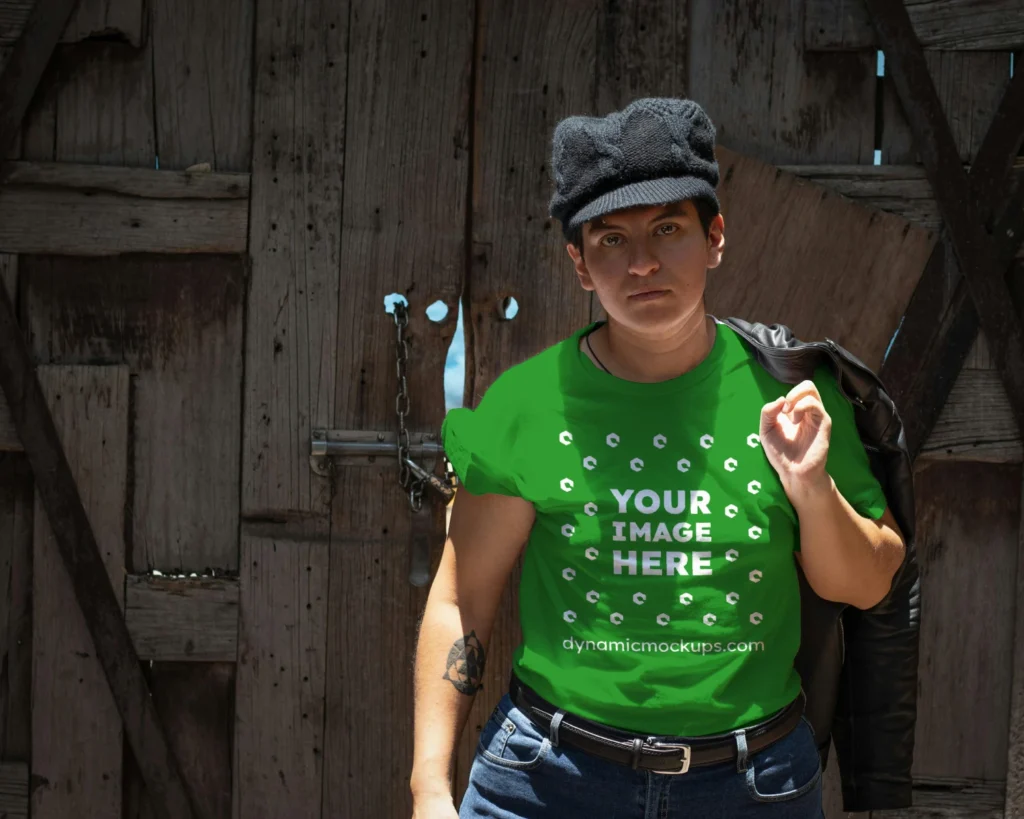 Man Wearing Green T-shirt Mockup Front View Template