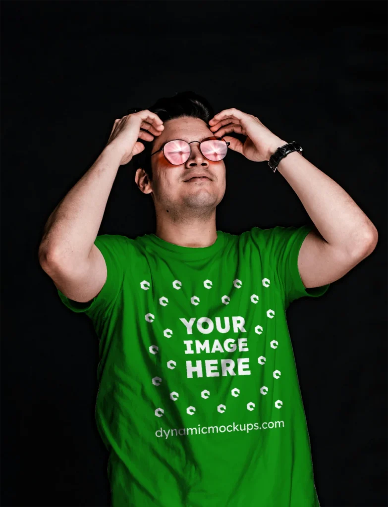 Man Wearing Green T-shirt Mockup Front View Template