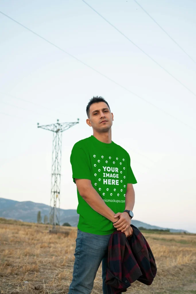 Man Wearing Green T-shirt Mockup Front View Template