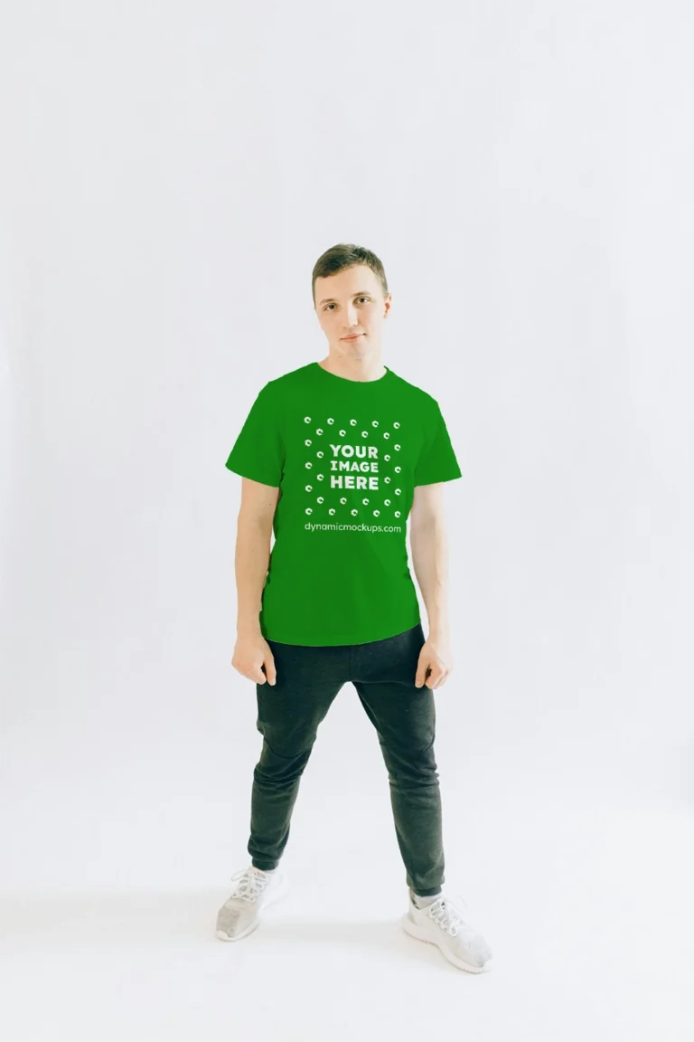 Man Wearing Green T-shirt Mockup Front View Template