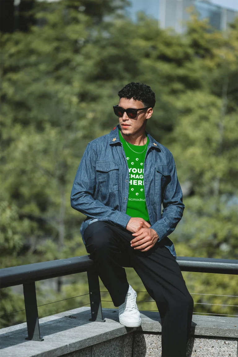 Man Wearing Green T-shirt Mockup Front View Template