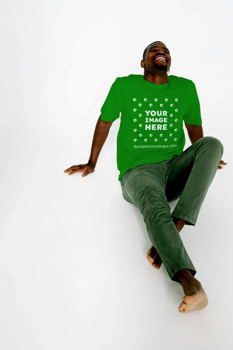 Man Wearing Green T-shirt Mockup Front View Template