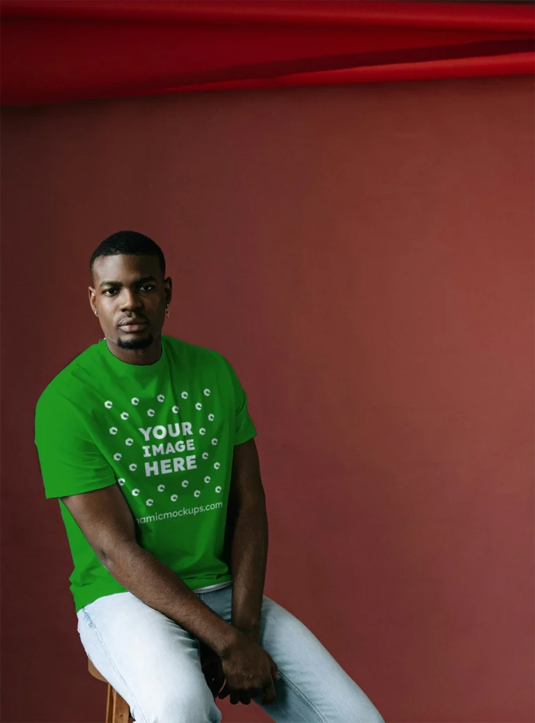 Man Wearing Green T-shirt Mockup Front View Template