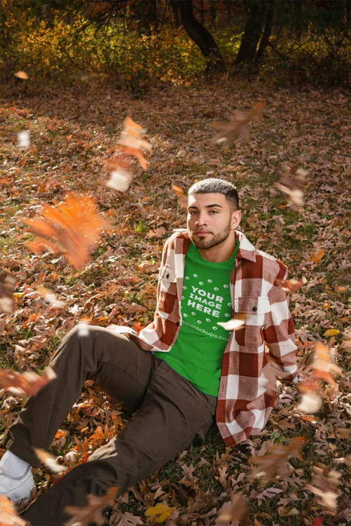 Man Wearing Green T-shirt Mockup Front View Template