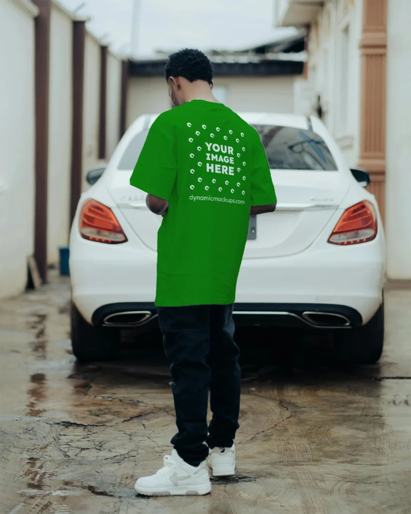 Man Wearing Green T-shirt Mockup Back View Template