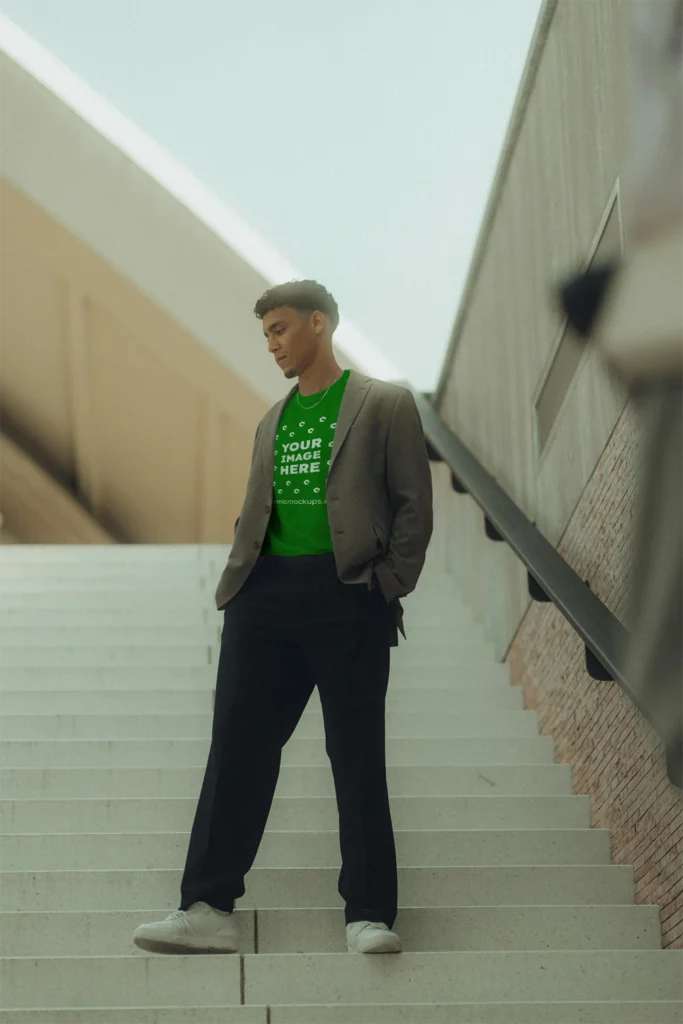 Man Wearing Green T-shirt Mockup Front View Template