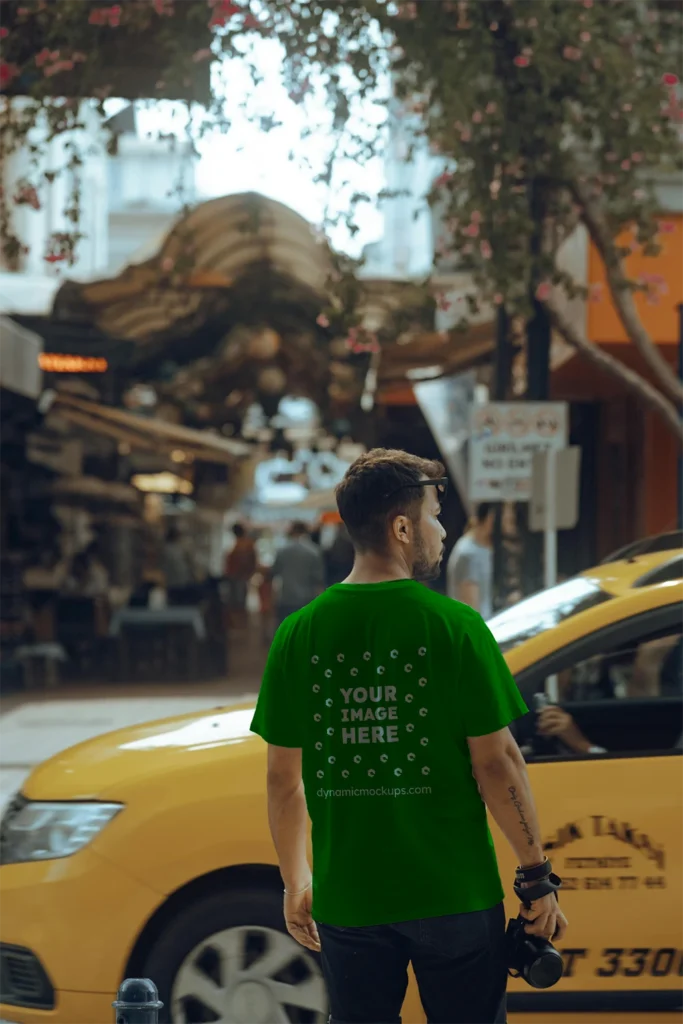 Man Wearing Green T-shirt Mockup Back View Template