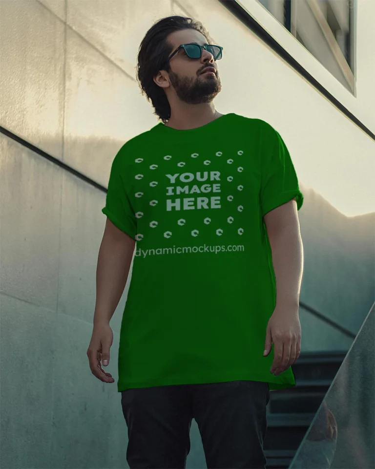 Man Wearing Green T-shirt Mockup Front View Template