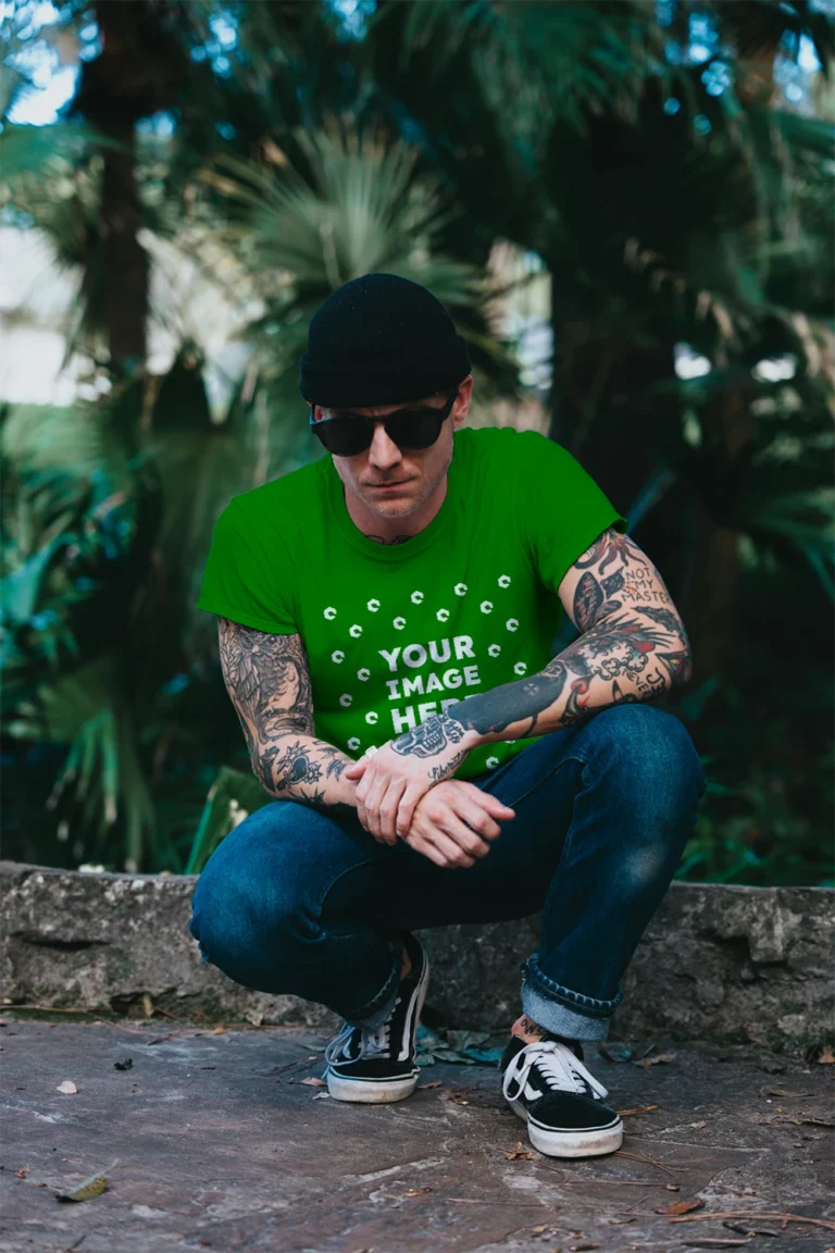 Man Wearing Green T-shirt Mockup Front View Template