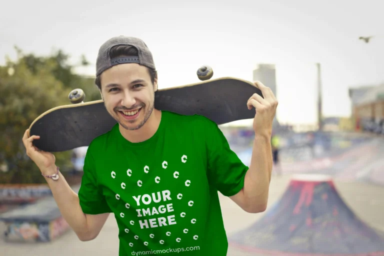 Man Wearing Green T-shirt Mockup Front View Template