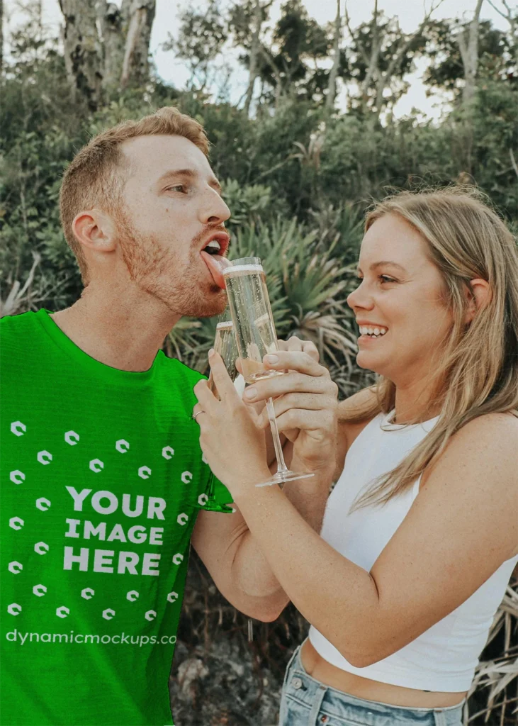 Man Wearing Green T-shirt Mockup Front View Template