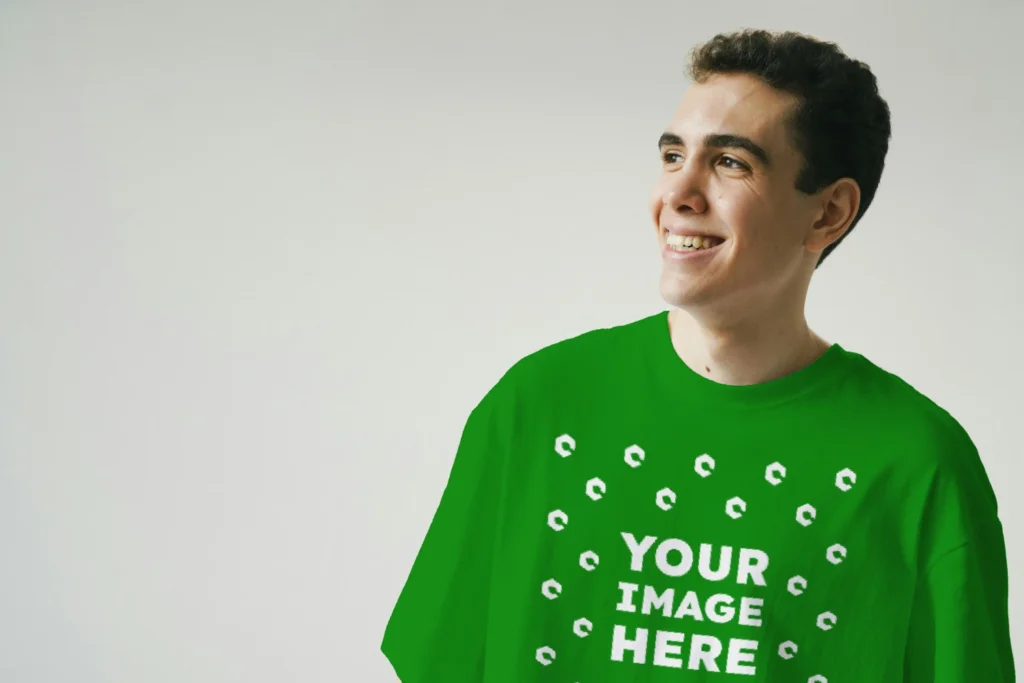 Man Wearing Green T-shirt Mockup Front View Template