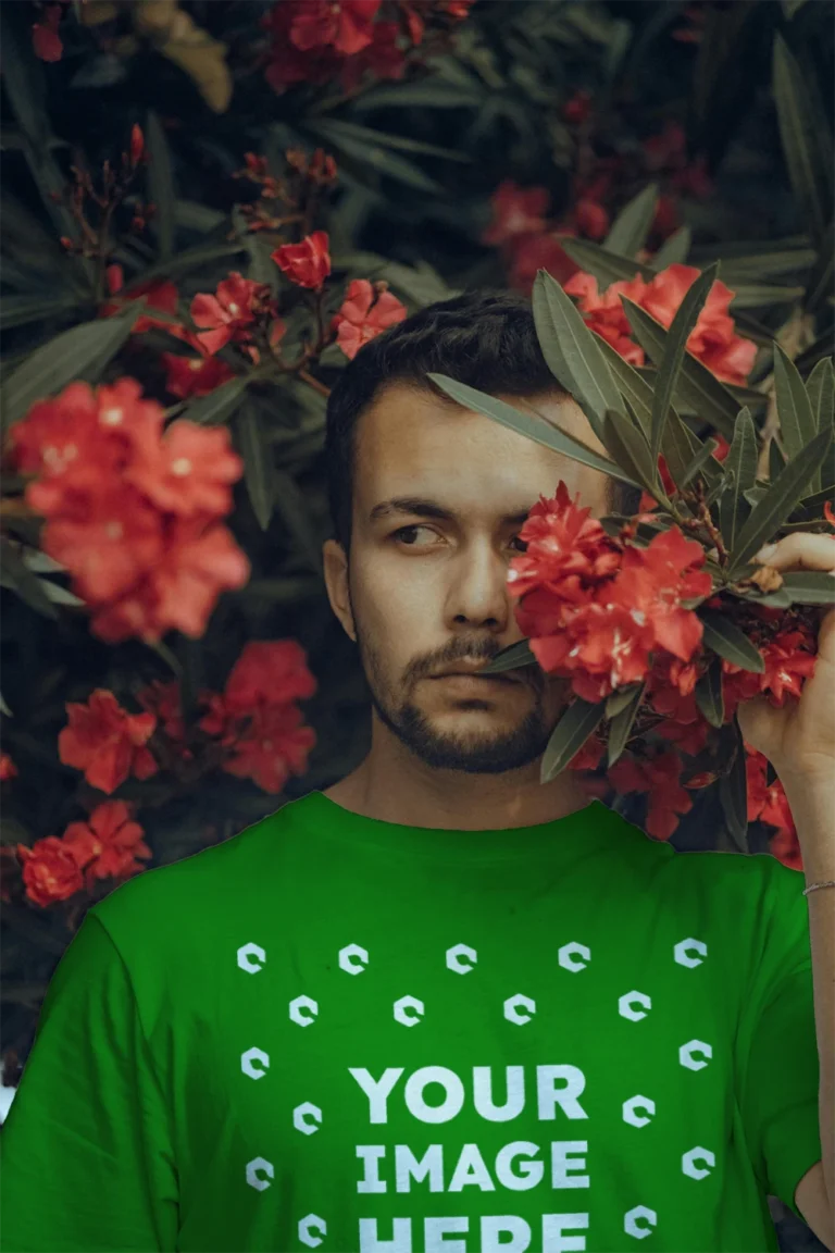 Man Wearing Green T-shirt Mockup Front View Template