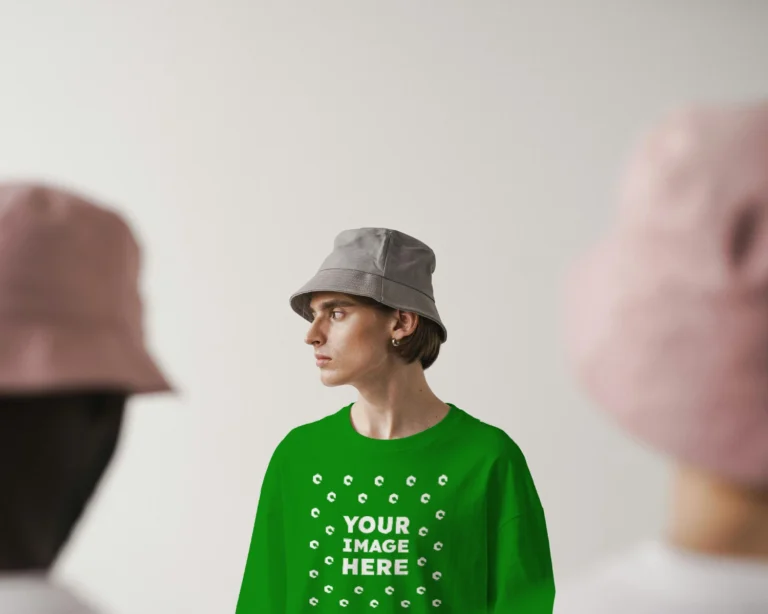 Man Wearing Green T-shirt Mockup Front View Template