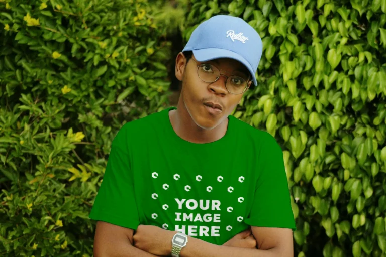 Man Wearing Green T-shirt Mockup Front View Template